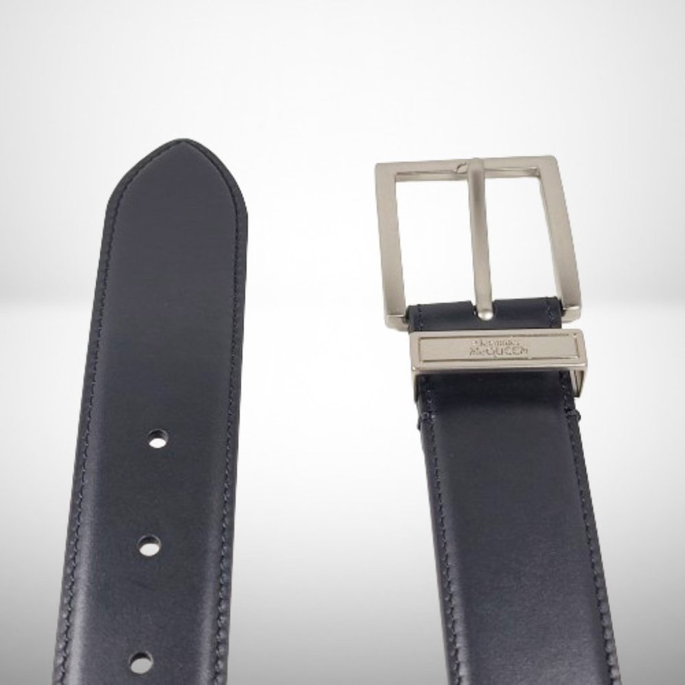 ALEXANDER MCQUEEN Men's The Silver Tone Buckle Belt in Black Calfskin Leather - Picture 5 of 6